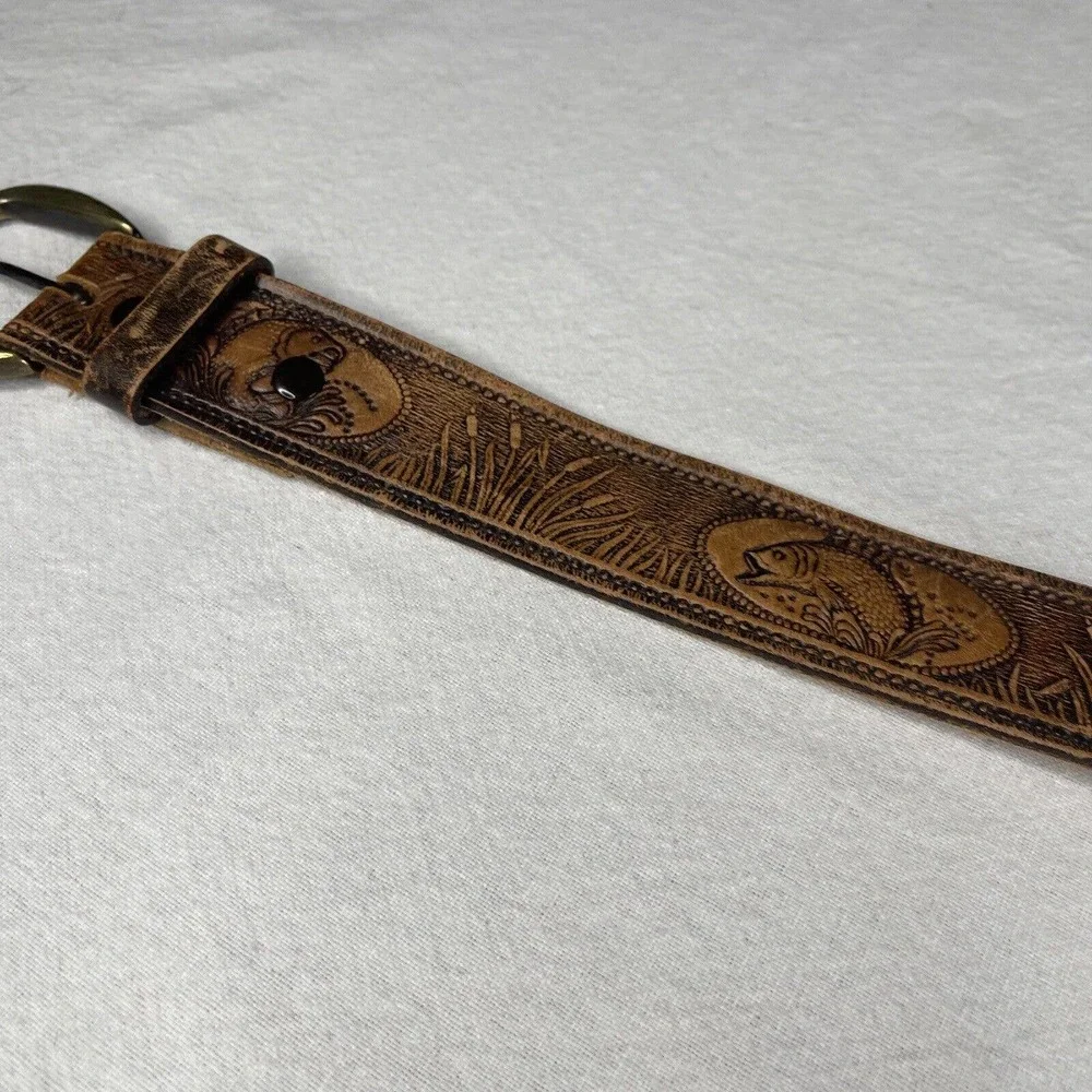 Engraved Leather Belt 44” Fishing Brown Fish Lakes Walleyes Northern ￼bass Pole